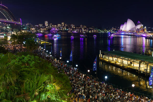 Transport for NSW NYE on the Cahill Expressway 2024 - view from West Cahill.
